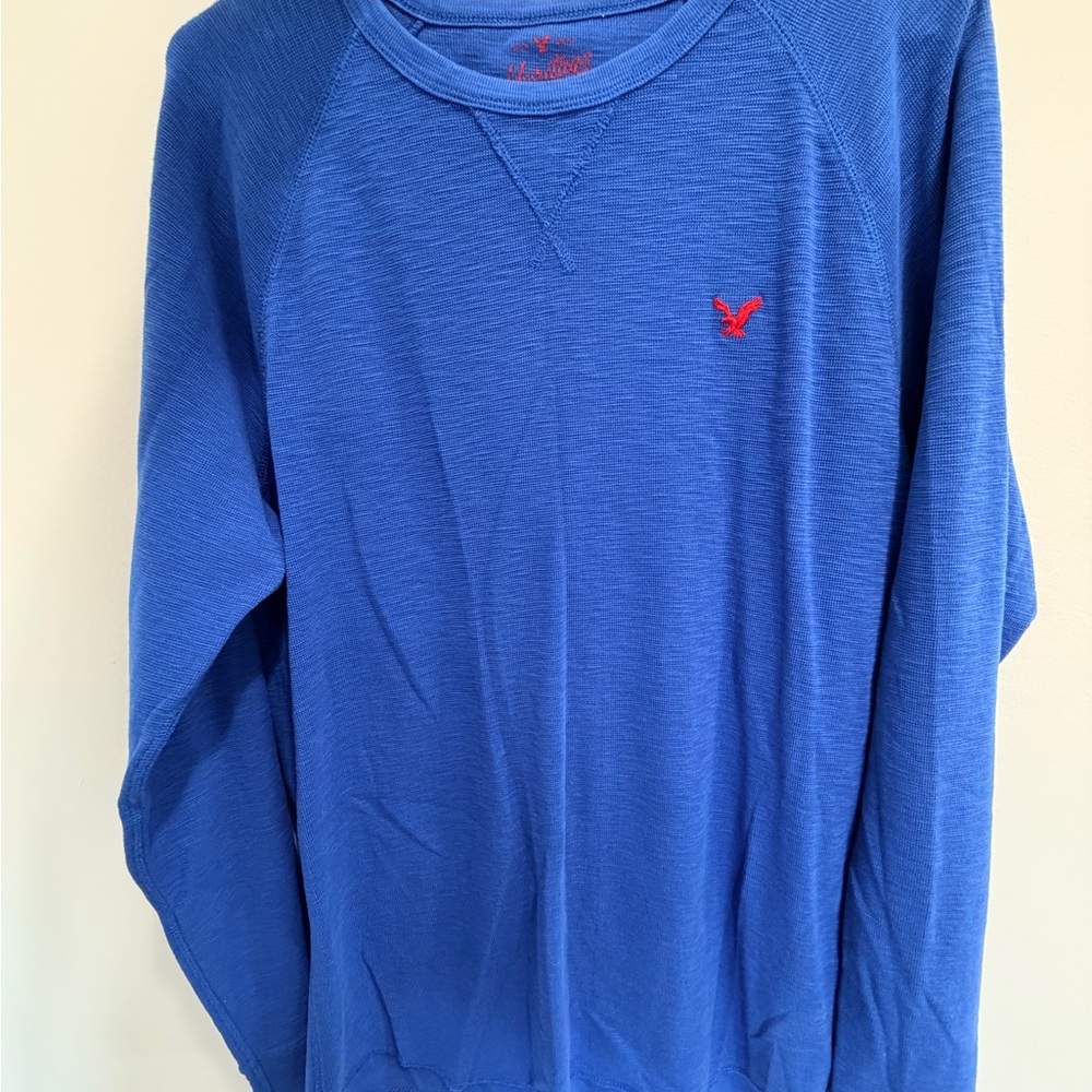 American Eagle Outfitters Blue Thermal Crew with Coral Print